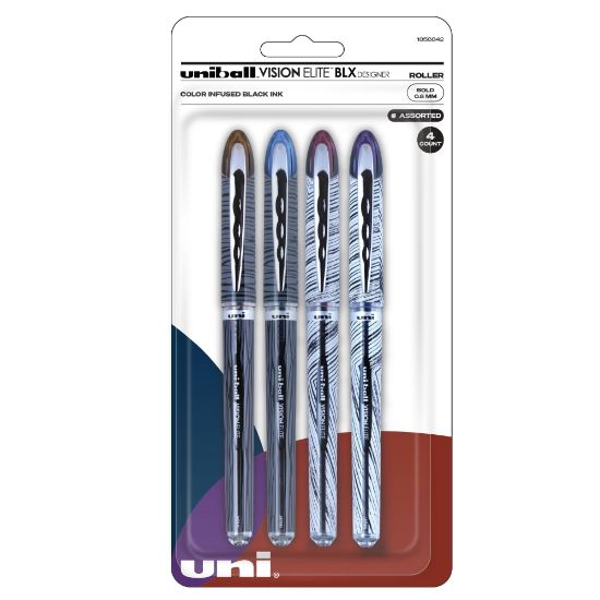 Picture of uni-ball Vision Elite Designer Series Rollerball Pens, Bold Point, 0.8 mm, Assorted Barrels, Black Ink, Pack Of 4 Pens