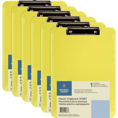 Picture of Business Source Flat Clip Plastic Clipboard - 9in x 12in - Plastic - Neon Green - 6 / Bundle