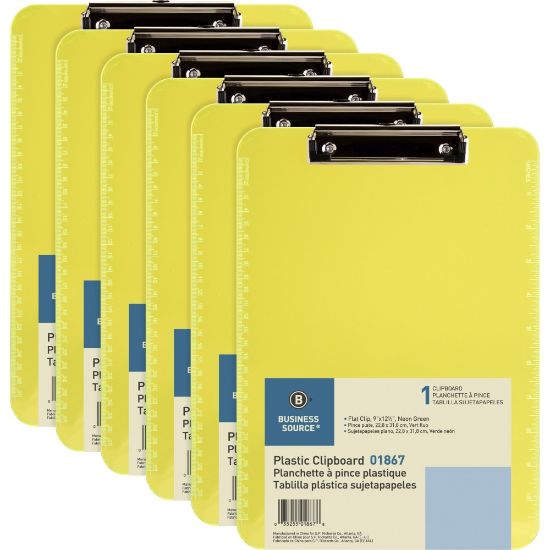 Picture of Business Source Flat Clip Plastic Clipboard - 9in x 12in - Plastic - Neon Green - 6 / Bundle