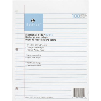 Picture of Sparco Notebook Filler Paper, 8-1/2in x 11in, College Rule, White, Pack of 100 Sheets