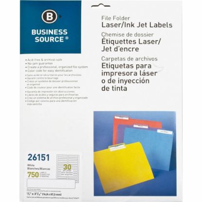 Picture of Business Source Laser/Inkjet Permanent File Folder Labels - 43/64in Width x 3 7/16in Length - Permanent Adhesive - Rectangle - Laser, Inkjet - White - 30 / Sheet - 750 / Pack - Jam-free, Lignin-free