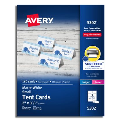 Picture of Avery Printable Small Tent Cards With Sure Feed Technology, 2in x 3.5in, White, 160 Blank Place Cards