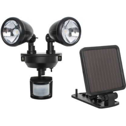 Picture of Maxsa Solar-Powered Dual Head LED Security Spotlight - Black - LED - 160 lm Lumens - Black - Roof-mountable - for Deck, Patio, Driveway, Walkway, Doorway, Garage, Mail, Garbage, Backyard, Barn, Shed