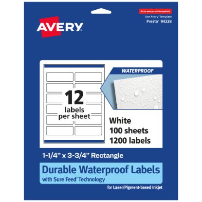 Picture of Avery Waterproof Permanent Labels With Sure Feed, 94228-WMF100, Rectangle, 1-1/4in x 3-3/4in, White, Pack Of 1,200