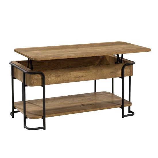 Picture of Sauder Station House Collection Industrial-Styled Metal & Wood Lift-Top Coffee Table, 18-1/4inH x 39-3/8inW x 19-5/8inD, Etched Oak/Black