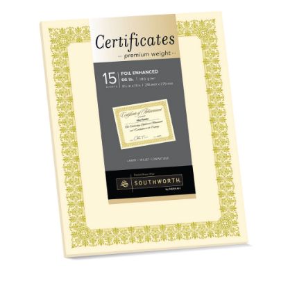 Picture of Southworth Premium Foil Certificates, 8 1/2in x 11in, 66 Lb, Ivory/Gold Foil Fleur, Pack Of 15