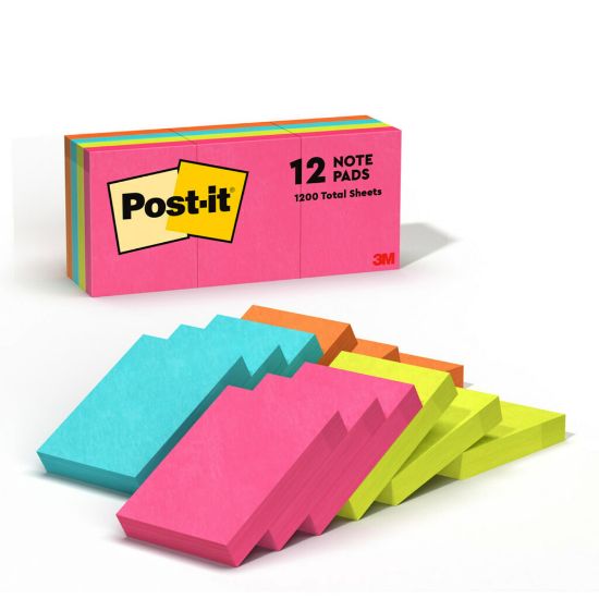 Picture of Post-it Notes, 1 3/8 in. x 1 7/8 in., 12 Pads, 100 Sheets/Pad, Clean Removal, Back to School Supplies for Students, Sticky Notes for Textbooks and Notebooks, Poptimistic Collection