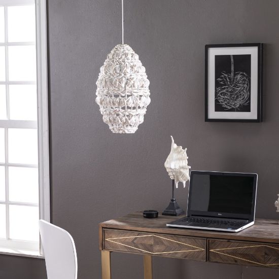 Picture of SEI Rosemill Woven Rattan Pendant Lamp Shade, 19in x 11-1/4in, Whitewash