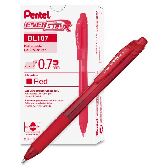 Picture of Pentel EnerGel-X Retractable Gel Pens, Medium Point, 0.7 mm, Red Barrel, Red Ink, Pack Of 12 Pens