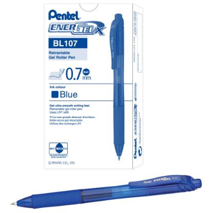 Picture of Pentel EnerGel Retractable Gel Pens, Medium, 0.7 mm, 84% Recycled, Blue Barrel, Blue Ink, Pack Of 12 Pens