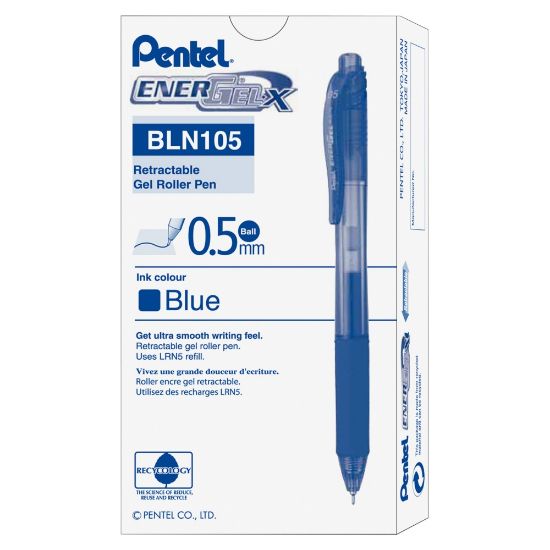 Picture of Pentel EnerGel X Retractable Liquid Gel Pens, Fine Point, 0.5 mm, Blue Barrel, Blue Ink, Pack Of 12 Pens