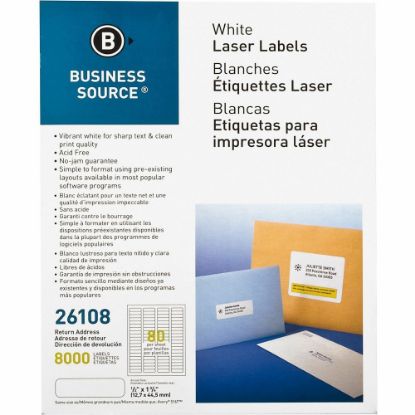 Picture of Business Source Address Laser Labels - 1/2in Width x 1 3/4in Length - Permanent Adhesive - Rectangle - Laser - White - 80 / Sheet - 100 Total Sheets - 8000 / Pack - Lignin-free, Jam-free