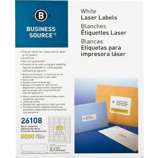 Picture of Business Source Address Laser Labels - 1/2in Width x 1 3/4in Length - Permanent Adhesive - Rectangle - Laser - White - 80 / Sheet - 100 Total Sheets - 8000 / Pack - Lignin-free, Jam-free