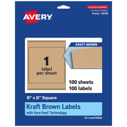 Picture of Avery Kraft Permanent Labels With Sure Feed, 94108-KMP100, Square, 8in x 8in, Brown, Pack Of 100