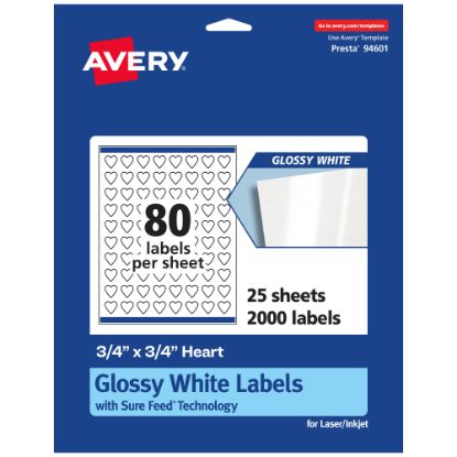 Picture of Avery Glossy Permanent Labels With Sure Feed, 94601-WGP25, Heart, 3/4in x 3/4in, White, Pack Of 2,000