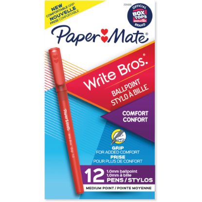 Picture of Paper Mate Write Bros Grip Ballpoint Pens, Medium Point, 1.0 mm, Red Barrel, Red Ink, Pack Of 12 Pens