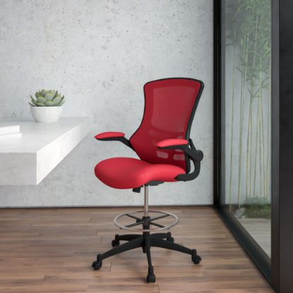 Picture of Flash Furniture Mid-Back Mesh Ergonomic Drafting Chair with Adjustable Foot Ring and Flip-Up Arms, Red