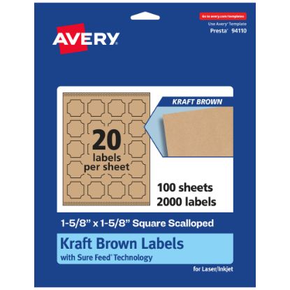 Picture of Avery Kraft Permanent Labels With Sure Feed, 94110-KMP100, Square Scalloped, 1-5/8in x 1-5/8in, Brown, Pack Of 2,000