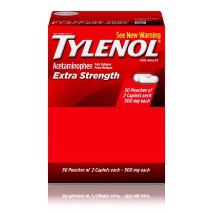 Picture of TYLENOL Extra Strength Caplets, Fever Reducer and Pain Reliever, 500 mg, 2 Caplets Per Packet, Box Of 50 Packets