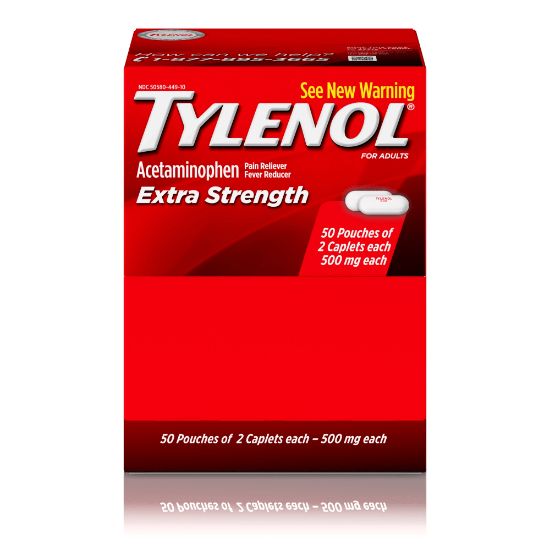 Picture of TYLENOL Extra Strength Caplets, Fever Reducer and Pain Reliever, 500 mg, 2 Caplets Per Packet, Box Of 50 Packets