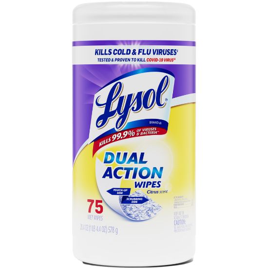 Picture of Lysol Dual-Action Disinfecting Wipes, Citrus Scent, 7in x 8in, Container Of 75