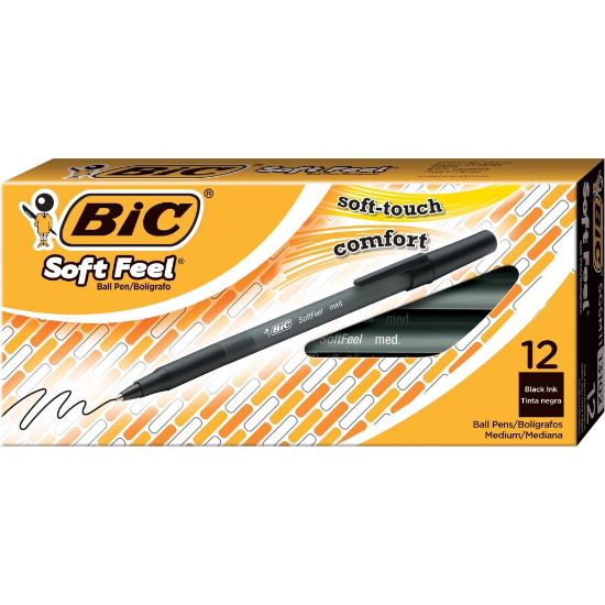 Picture of BIC Soft Feel Stick Pens, Medium Point, 1.0 mm, Black Barrel, Black Ink, Pack Of 12