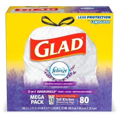 Picture of Glad OdorShield Tall Kitchen Drawstring 0.78-mil Trash Bags, 13 Gallons, White, Pack Of 80 Bags