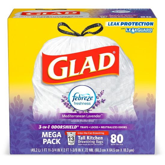 Picture of Glad OdorShield Tall Kitchen Drawstring 0.78-mil Trash Bags, 13 Gallons, White, Pack Of 80 Bags