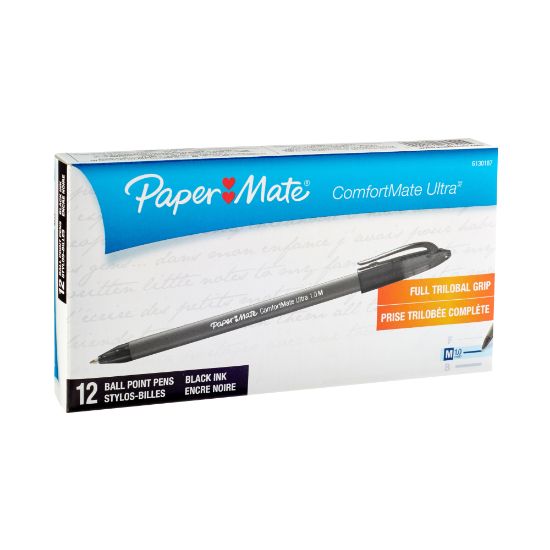 Picture of Paper Mate Comfortmate Ultra Ballpoint Stick Pens, Medium Point, 1.0 mm, Black Barrel, Black Ink, Pack Of 12