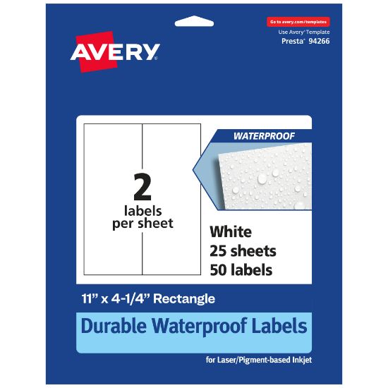 Picture of Avery Waterproof Permanent Labels, 94266-WMF25, Rectangle, 11in x 4-1/4in, White, Pack Of 50