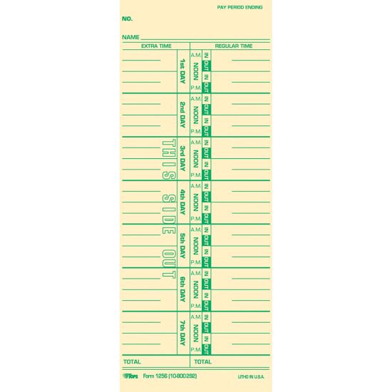 Picture of TOPS Numbered Days Time Cards - 3 1/2in x 9in Sheet Size - Yellow - Manila Sheet(s) - Green Print Color - 100 / Pack