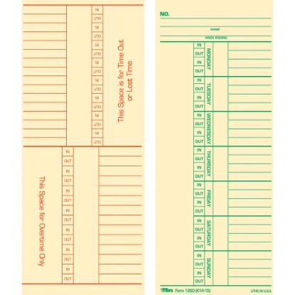 Picture of TOPS Named Days/Overtime Time Cards - 3.37in x 8.25in Sheet Size - Yellow - Manila Sheet(s) - Green, Red Print Color - 100 / Pack