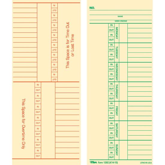 Picture of TOPS Named Days/Overtime Time Cards - 3.37in x 8.25in Sheet Size - Yellow - Manila Sheet(s) - Green, Red Print Color - 100 / Pack