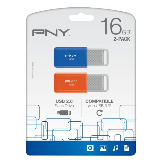 Picture of PNY USB 2.0 Flash Drives,16GB, Assorted, Pack Of 2