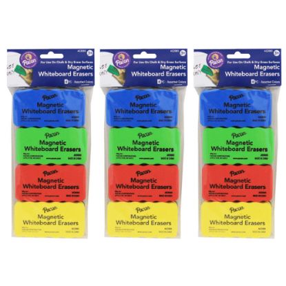 Picture of Pacon Magnetic Chalk & Whiteboard Erasers, 2-1/4in x 4-1/4in, Assorted Colors, 4 Erasers Per Pack, Set Of 3 Packs