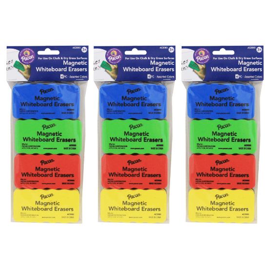 Picture of Pacon Magnetic Chalk & Whiteboard Erasers, 2-1/4in x 4-1/4in, Assorted Colors, 4 Erasers Per Pack, Set Of 3 Packs