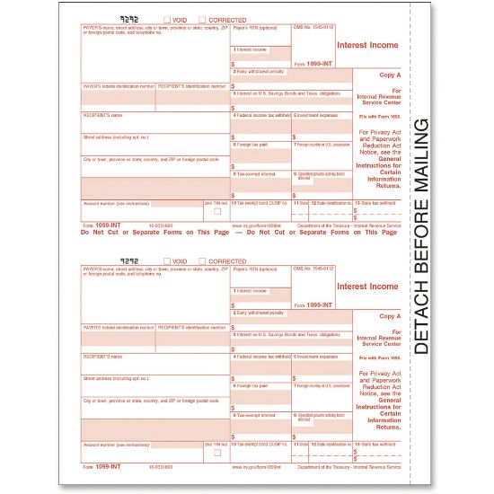 Picture of TOPS IRS Approved 1099-INT KIT Tax Forms, 5 1/2in x 8in, 4-Part, Red/Black, Pack Of 24