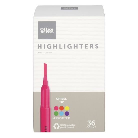 Picture of Office Depot Brand Pen-Style Highlighters, Chisel Tip, 100% Recycled Plastic Barrel, Assorted Colors, Pack Of 36