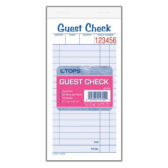 Picture of TOPS Guest Check Books, 2-Part Carbonless, 50 Sheets, Pack of 10