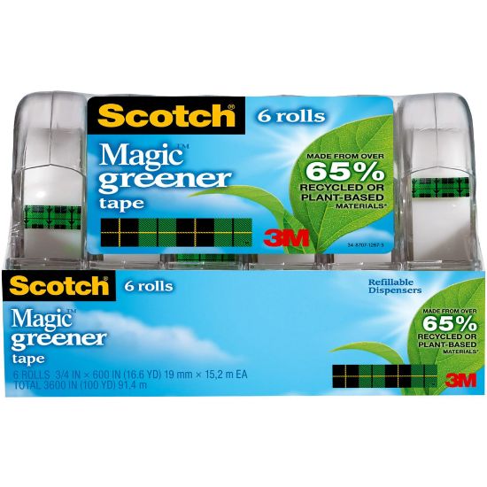 Picture of Scotch Greener Magic Tape with Dispenser, Invisible, 3/4 in x 600 in, 6 Tape Rolls, Clear, Home Office and School Supplies