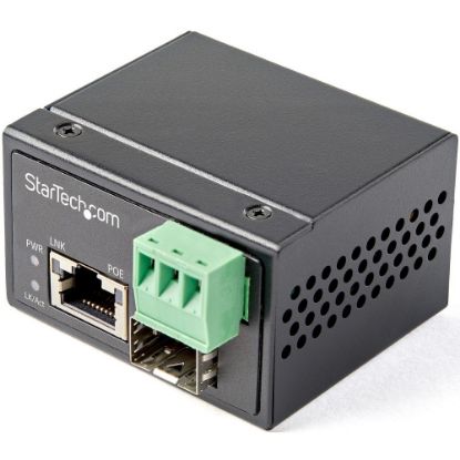 Picture of StarTech.com PoE+ Industrial Fiber to Ethernet Media Converter 30W - SFP to RJ45 - SM/MM Fiber to Gigabit Copper Mini Size IP-30 - Fiber to Ethernet media converter extends networks & converts fiber to copper