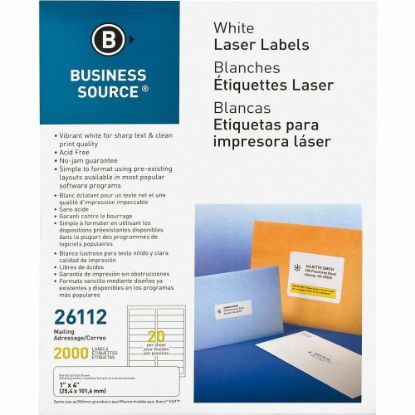 Picture of Business Source Bright White Premium-quality Address Labels - 1in Width x 4in Length - Permanent Adhesive - Rectangle - Laser, Inkjet - White - 20 / Sheet - 100 Total Sheets - 2000 / Pack - Lignin-free, Jam-free