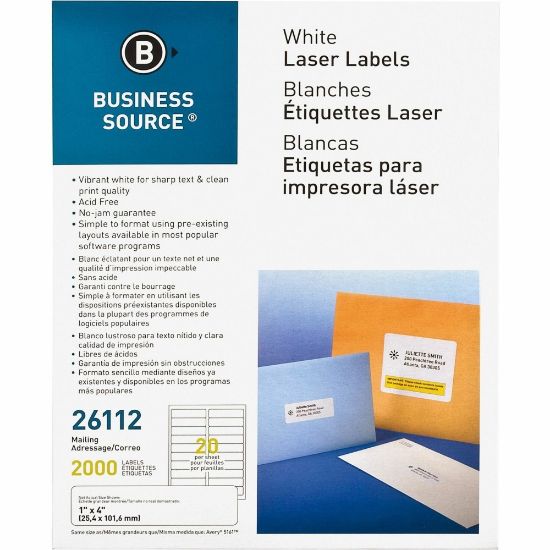 Picture of Business Source Bright White Premium-quality Address Labels - 1in Width x 4in Length - Permanent Adhesive - Rectangle - Laser, Inkjet - White - 20 / Sheet - 100 Total Sheets - 2000 / Pack - Lignin-free, Jam-free