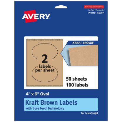 Picture of Avery Kraft Permanent Labels With Sure Feed, 94057-KMP50, Oval, 4in x 6in, Brown, Pack Of 100