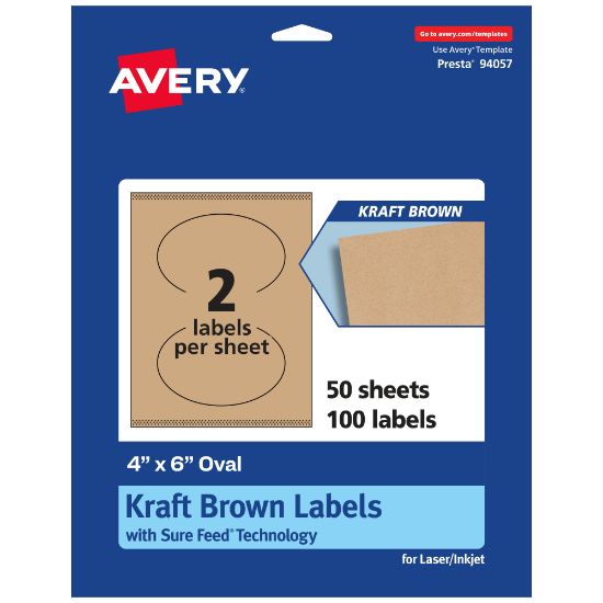 Picture of Avery Kraft Permanent Labels With Sure Feed, 94057-KMP50, Oval, 4in x 6in, Brown, Pack Of 100