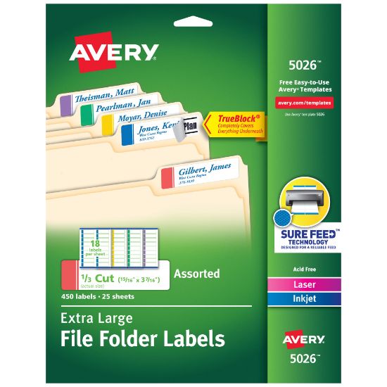 Picture of Avery TrueBlock Extra-Large Permanent Inkjet/Laser File Folder Labels, 5026, 15/16in x 3 7/16in, Assorted Colors, Pack Of 450