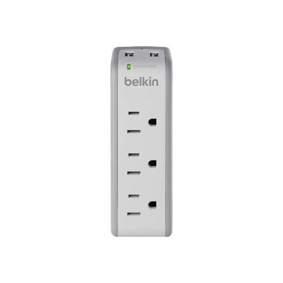 Picture of Belkin 3 Outlet Home and Office Surge Protector Wall Mountable with 2 USB-A ports - 918 Joules - White - 3 x AC Power, 2 x USB Type A - 1800 VA - 918 J - Wall Mountable