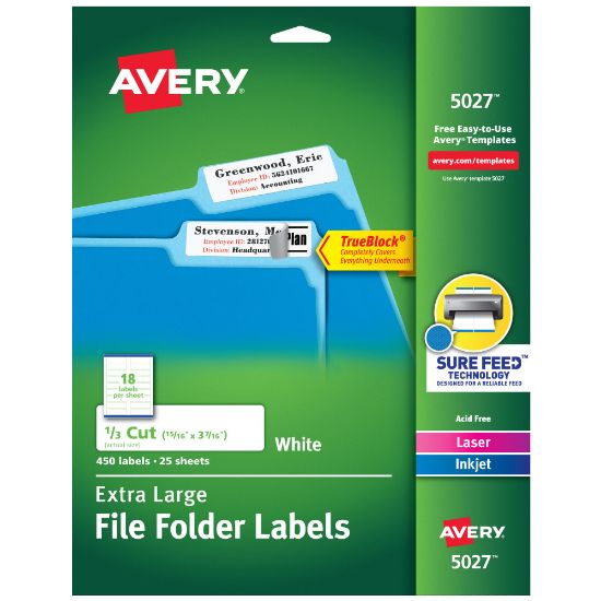 Picture of Avery TrueBlock Extra-Large Permanent Inkjet/Laser File Folder Labels, 5027, 15/16in x 3 7/16in, White, Pack Of 450