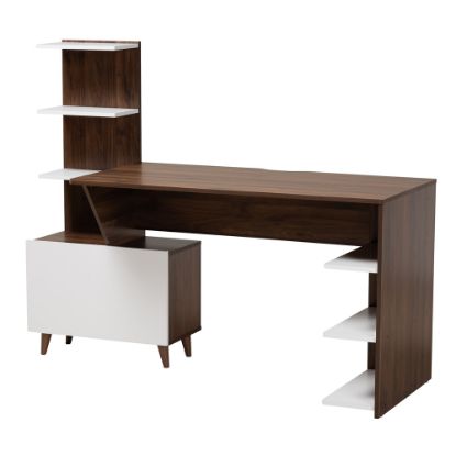 Picture of Baxton Studio Mid-Century Modern 61inW 2-Tone Computer Desk With Storage, White/Walnut Brown