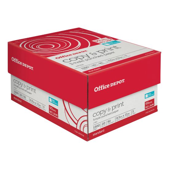 Picture of Office Depot 3-Hole Punched Multi-Use Printer & Copy Paper, 3 Reams, White, Letter (8.5in x 11in), 1500 Sheets Per Case, 20 Lb, 92 Brightness